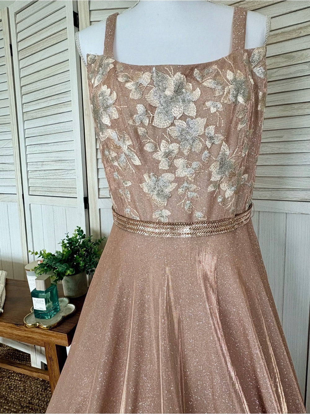 NWT Tease Prom Rosewater Glitter Floral Embroidered Ball Gown Dress Size 16